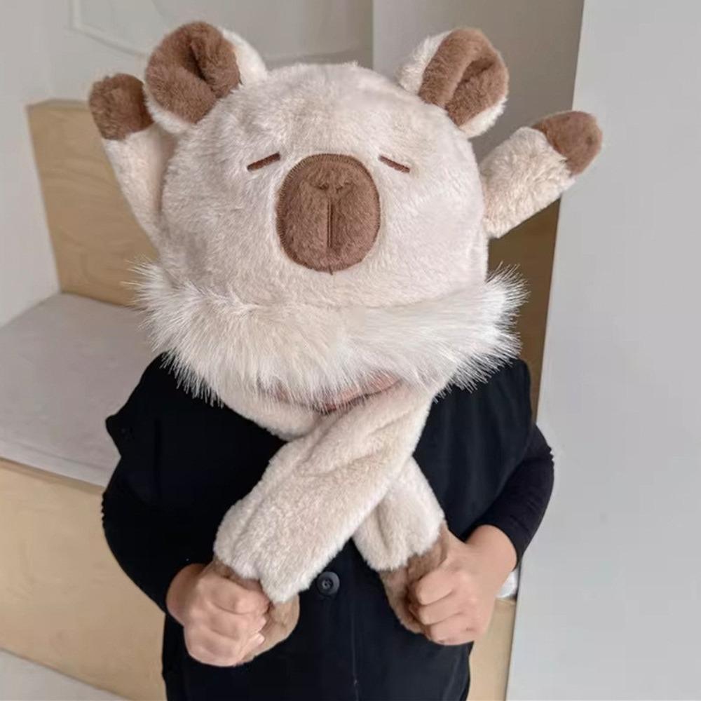 

Thickened Capybara Hooded Scarf Windproof Children s Pullover Cap Warm Plush Hat Scarf Set Outdoor Style2 Beige