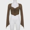 American Street Style Sexy V-Neck Irregular Pleated Long-Sleeve Crop Top