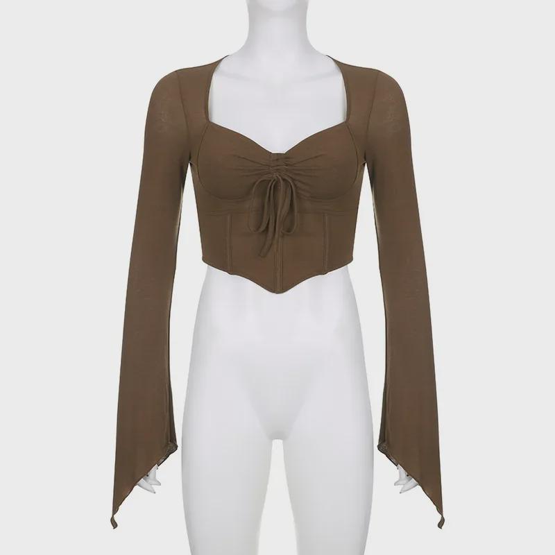 American Street Style Sexy V-Neck Irregular Pleated Long-Sleeve Crop Top