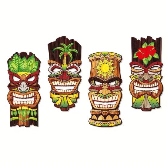 4Pcs Face Masque Decor Solid Wood Hand-Painted Tiki Face Masque Tropical Hawaiian Style Wall Decor Beach Pool Area Decoration 4pcs