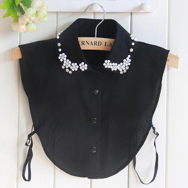 Fashion Chiffon Shirt False Collar for Women Fake Collar Lapel Blouse Women Beads Detachable Collar Lapel Button Decoration