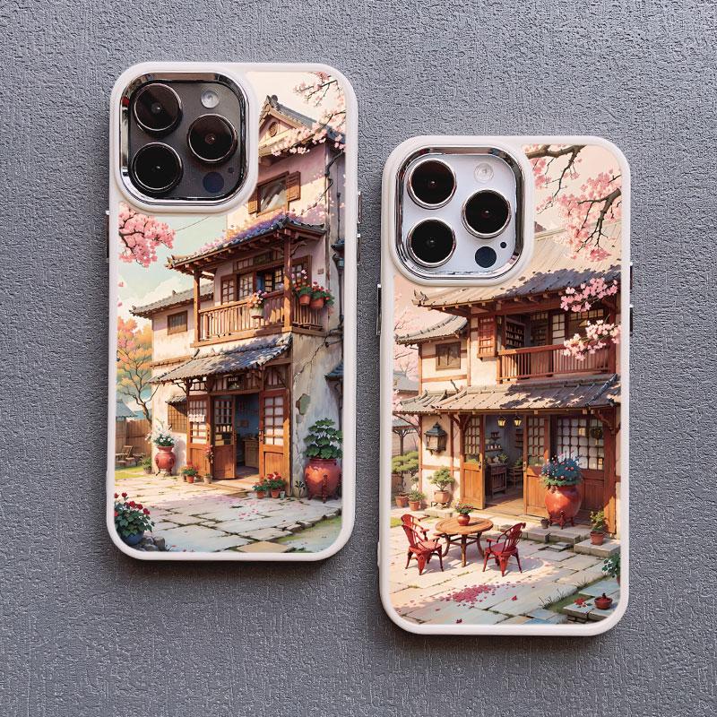 Vintage Oil Painting House Phone Case For iPhone 16 15 14 Pro Max 11 13 12 Pro MAX 7 8 Plus XR X Flower Courtyard Silicone Cover