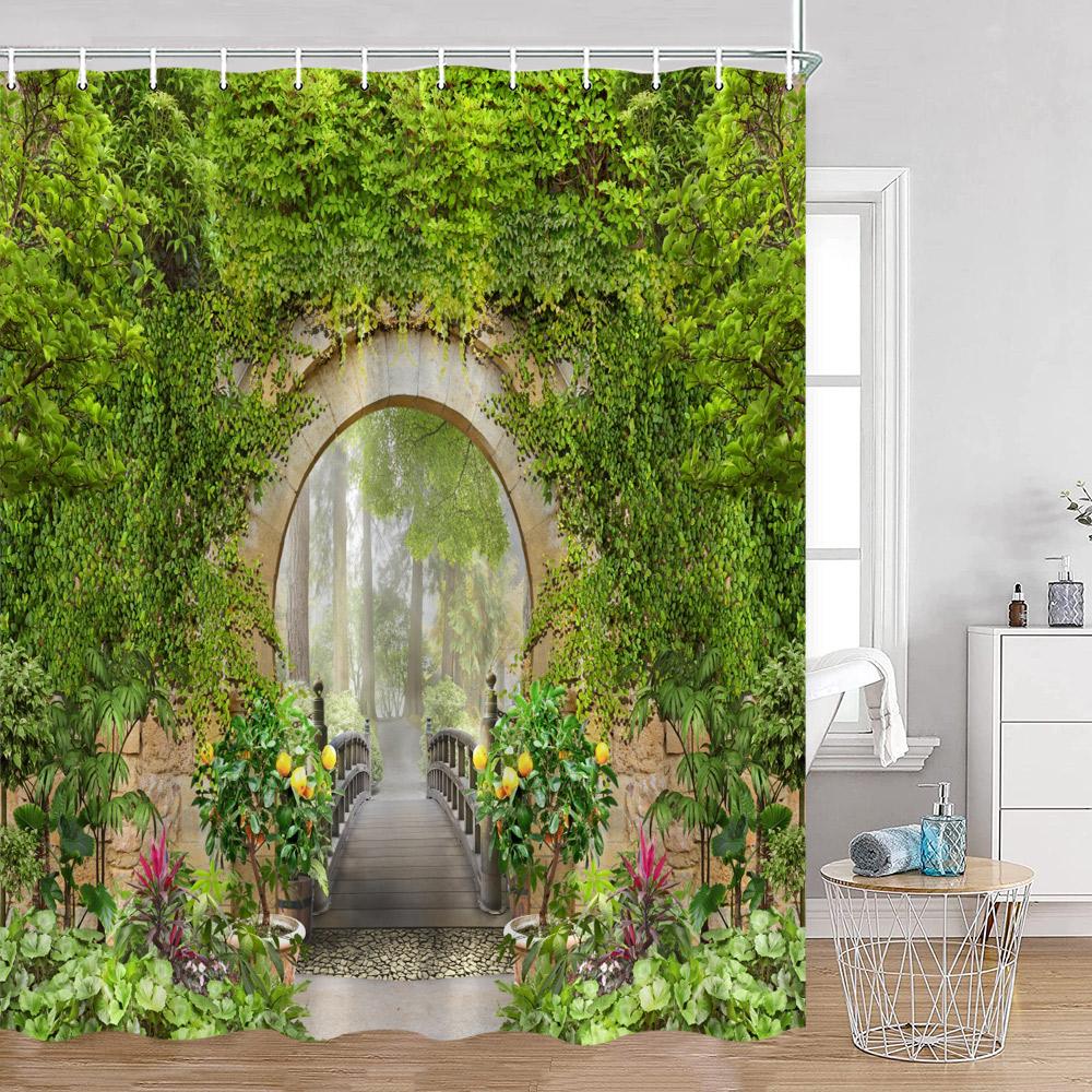 European Arched Door Shower Curtains European Garden Flowers Plants Bathroom Decoration Vintage Polyester Bath Curtain with Hook