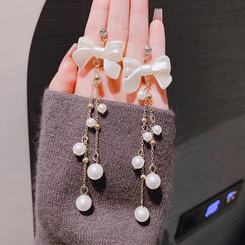 French bow tassel long earrings women's high sense exquisite stud earrings celebrity temperament versatile earrings tide