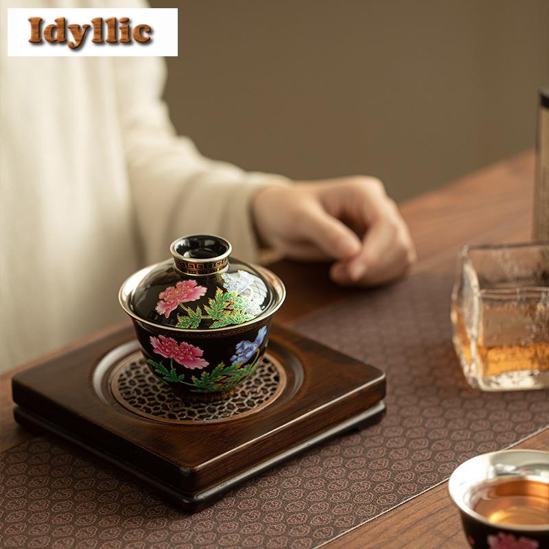 160ml Silver-plated Enamel Color Gaiwan Antique Tea Tureen Tea Bowl With Lid Kit Tea Making Cover Bowl Chinese Teaset Decoration