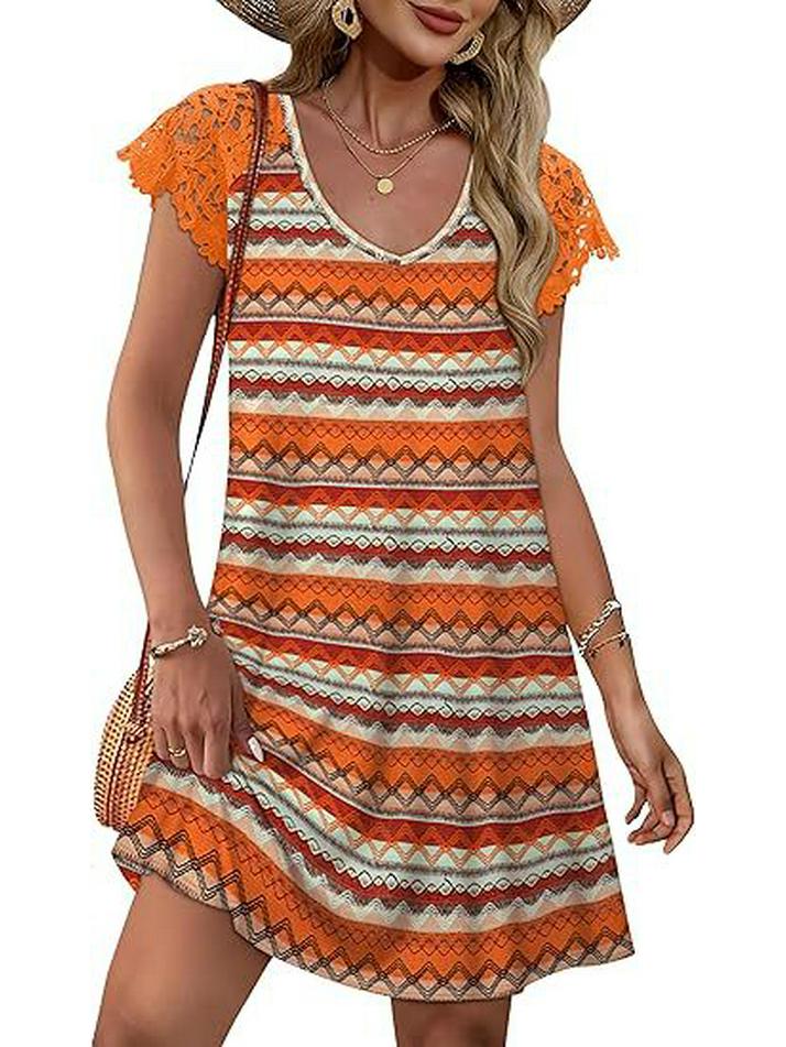 European Women's Lace Casual Short Sleeve Wedding Dress for Beach Vacation