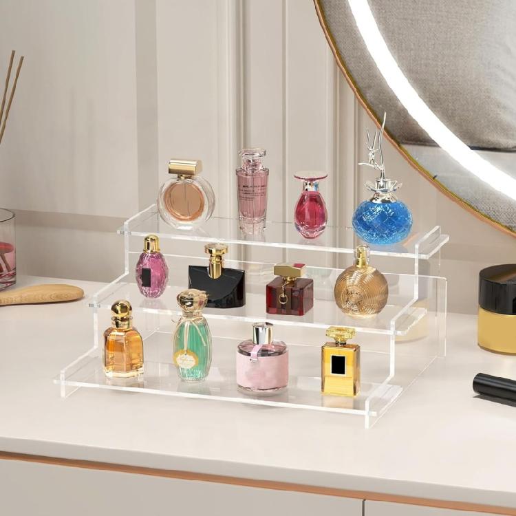 Multiple Level Clear Perfume Shelf Bathroom Vanity Organizers Sturdy Acrylic Display Structure