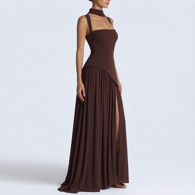 2026 Women's Clothing Fashionable Temperament Pure Color Pleated Split Dress