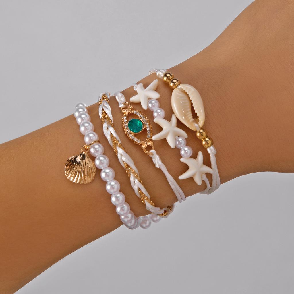 5pcs/Set Bohemian Imitation Pearl Shell Pendant Bracelets for Women Ethnic Style Conch Wave Rope Bracelet Summer Beach Jewelry