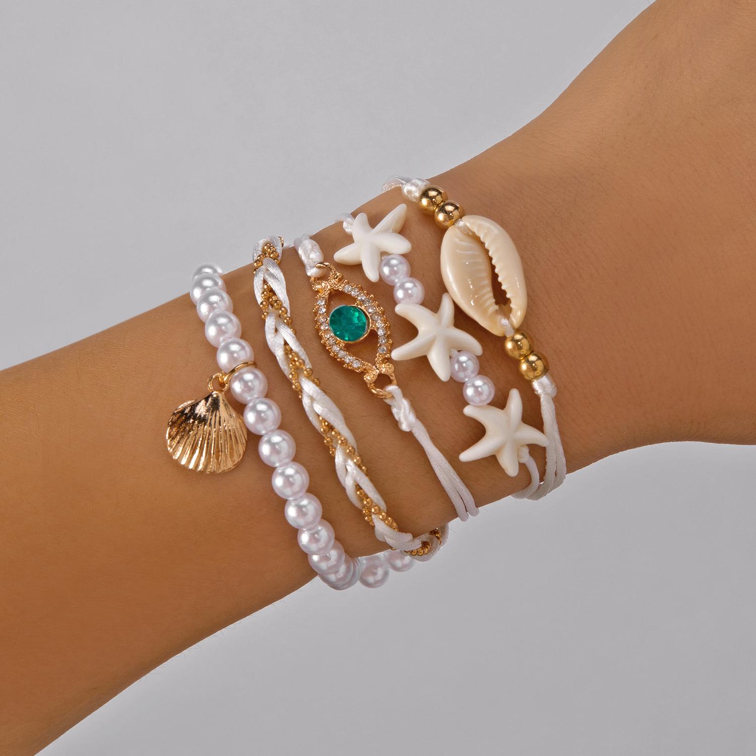 

5pcs/Set Bohemian Imitation Pearl Shell Pendant Bracelets for Women Ethnic Style Conch Wave Rope Bracelet Summer Beach Jewelry