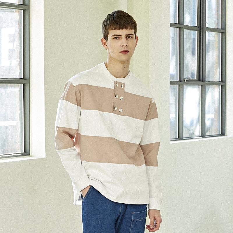 Custom Us Woven Color Block Modified Henley Neck Big Border Round T-Shirt Cxs23Skmt271 Blue/Xl