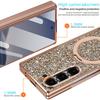 Glitter Bling Faux Leather Plating Magnetic Phone Case for Galaxy Z Fold 7 Fold 6 with Rotatable Holder, Anti-peeping Glass Film