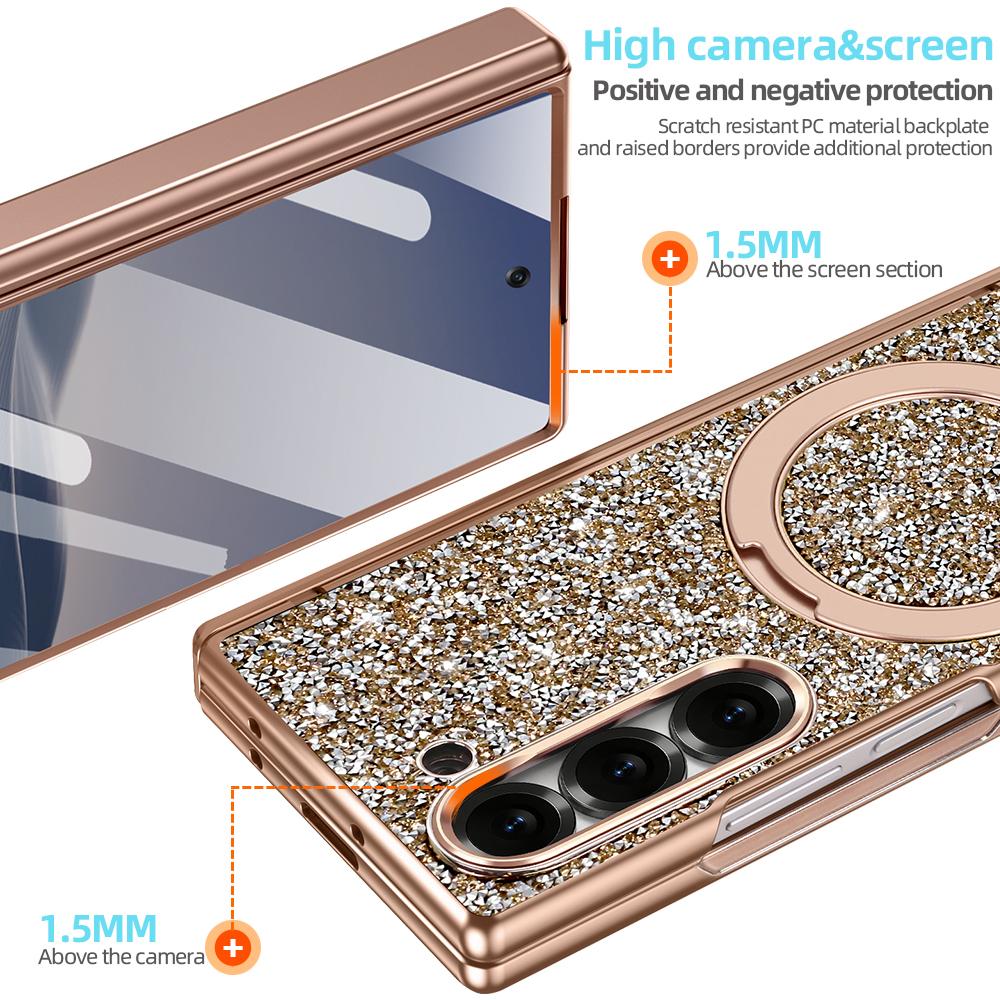 Glitter Bling Faux Leather Plating Magnetic Phone Case for Galaxy Z Fold 7 Fold 6 with Rotatable Holder, Anti-peeping Glass Film