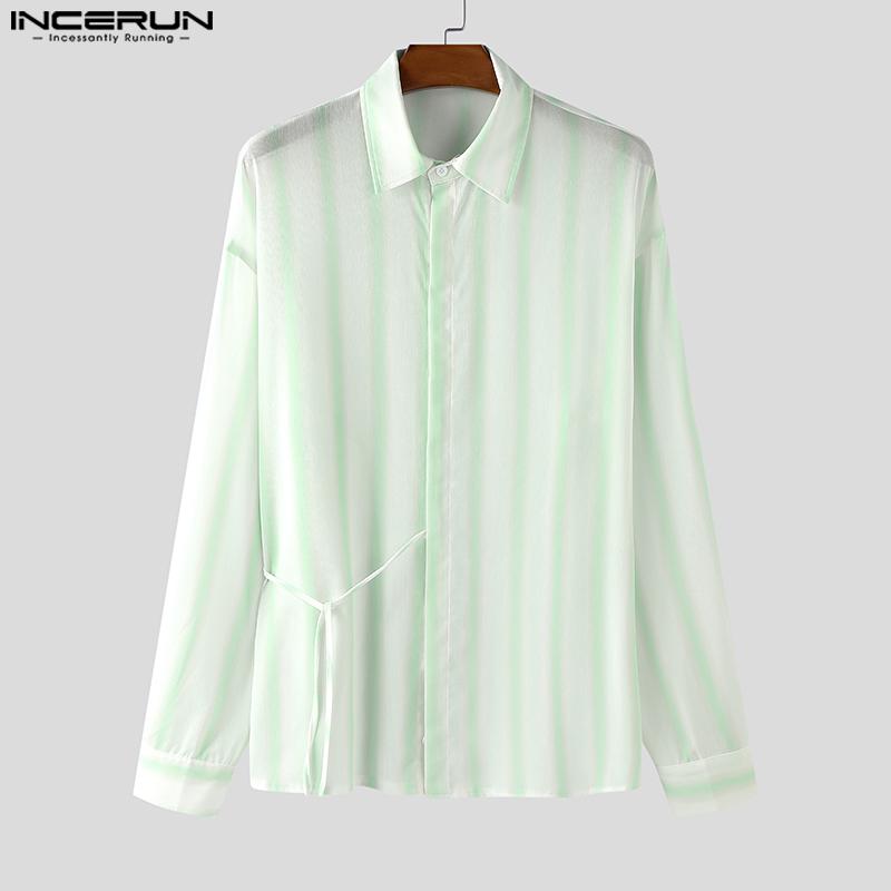 INCERUN Men Lapel Neck Long Sleeve Striped Side Lace-up Casual Oversized Shirts