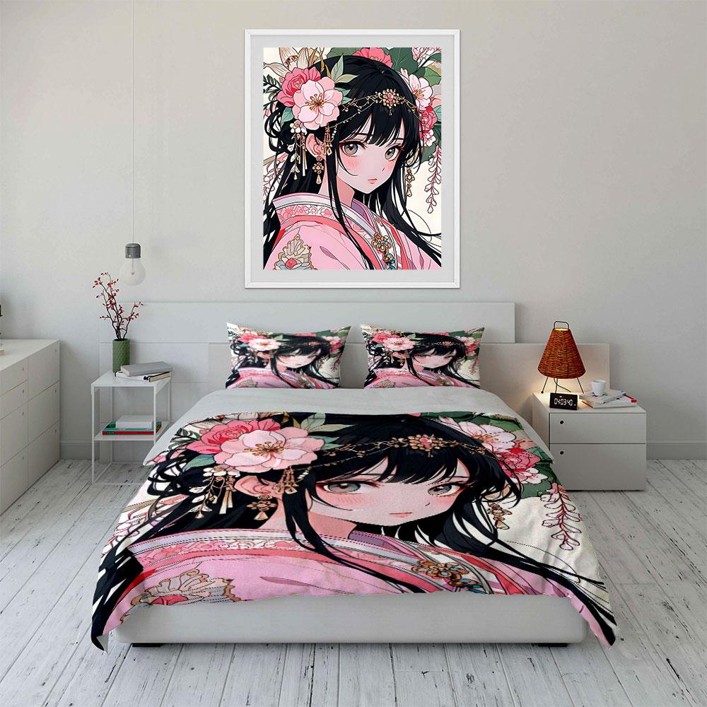 Elegant ancient-style girl with floral ornaments Print Bedding Set 1Duvet Cover 2Pillowcases for Adult and Children Luxury Gift