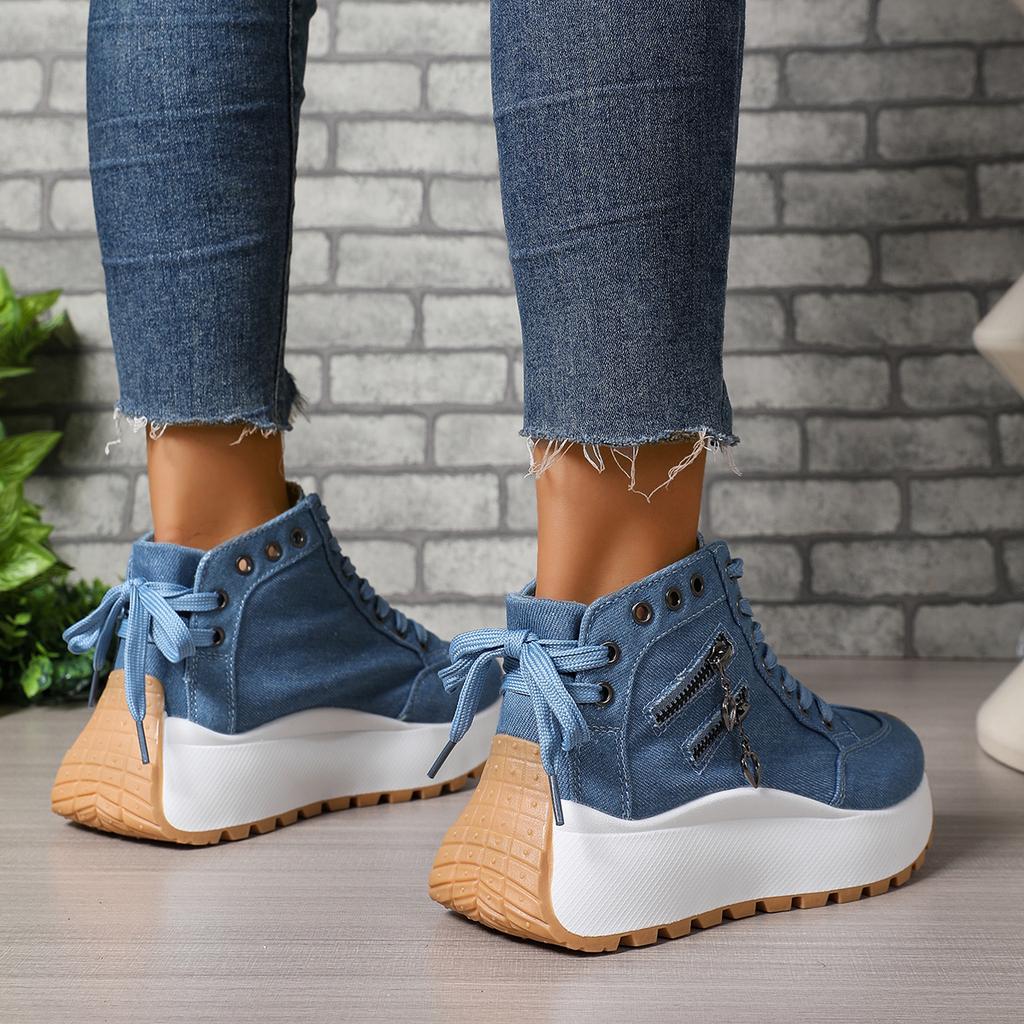Women Plus Sizes Sneakers Lace Up Sexy Sneakers Thick Sole Girls Students Ankle Canvas Boots High Top Denim Canvas Shoes Female