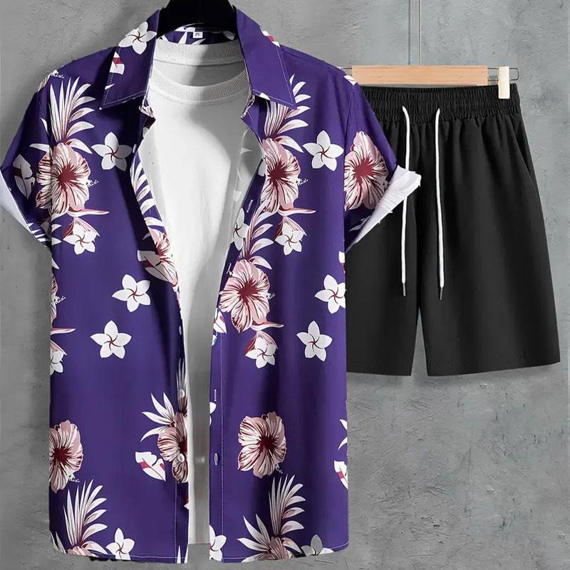 Hawaiis Neues Klassisches Herren Freizeithemd Bedrucktes T-Shirt und Zweiteilige Shorts Sommer Outdoor Reiseaktivitätskleidung