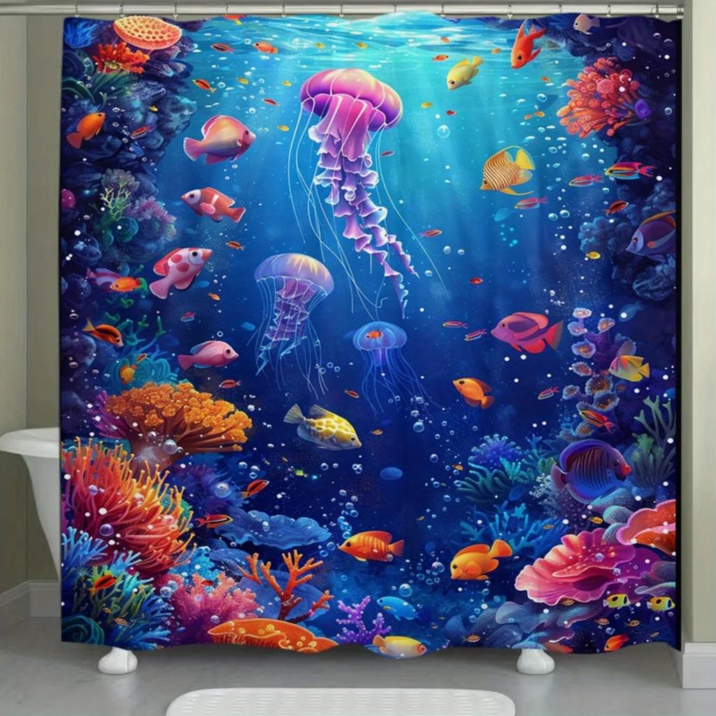 one pc Colorful_underwater_marine_life_illustration_1 Spring bathroom curtains, digital printed polyester shower curtains, non p