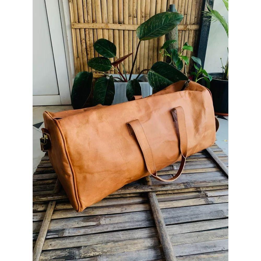 Goat Leather Men's Travel Bag Weekend Handmade Vintage Leather Brown Bag  ( Free Gift Leather Diary 7 Stone Brown Size - 10 X 13 In )