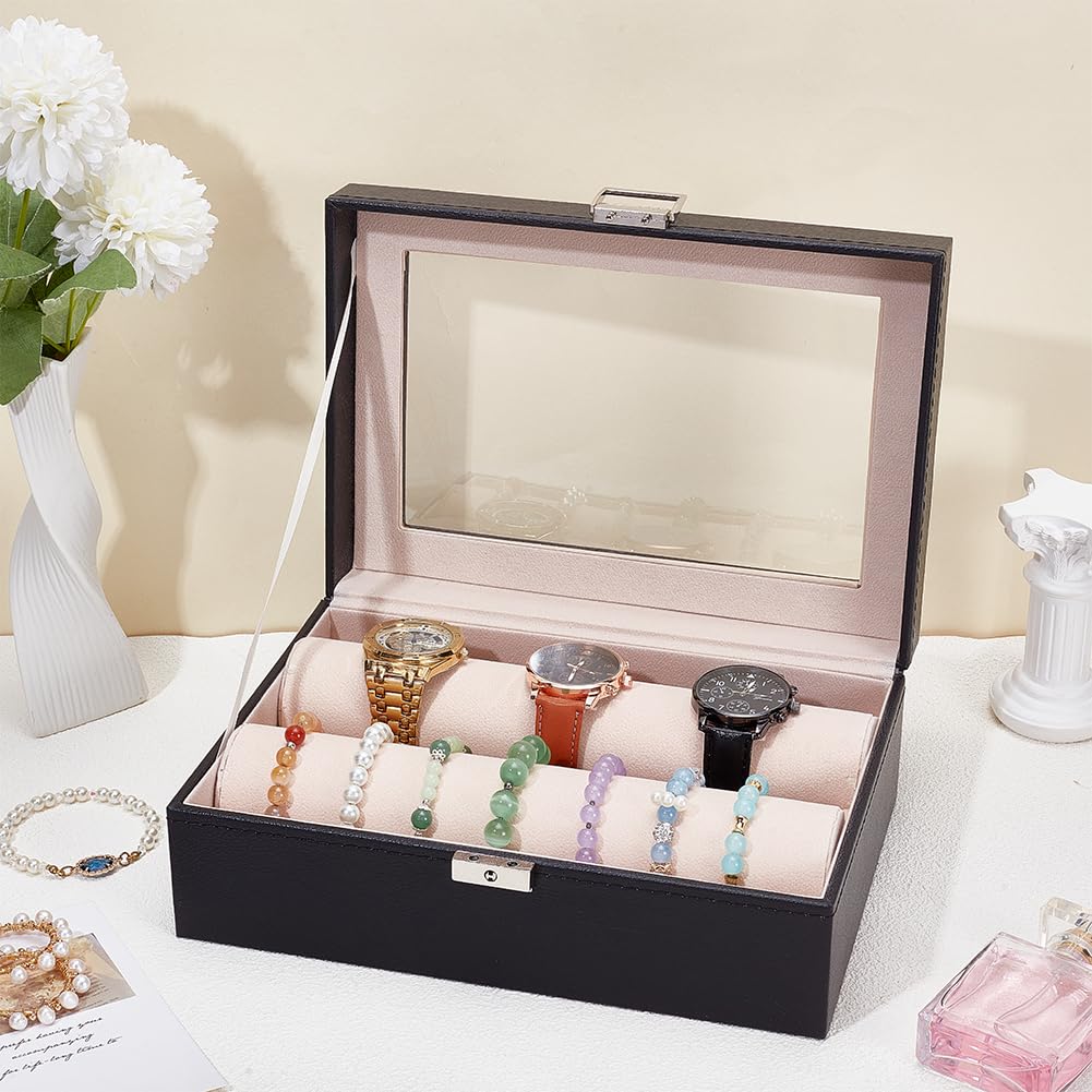 UNICRAFTALE Bracelet Holder Display Stand Leather Bracelet Box 10.2x7.2x3.8 Inches 26x18.3x9.7 Cm Watch Organizer Display Case Visible Window Lid