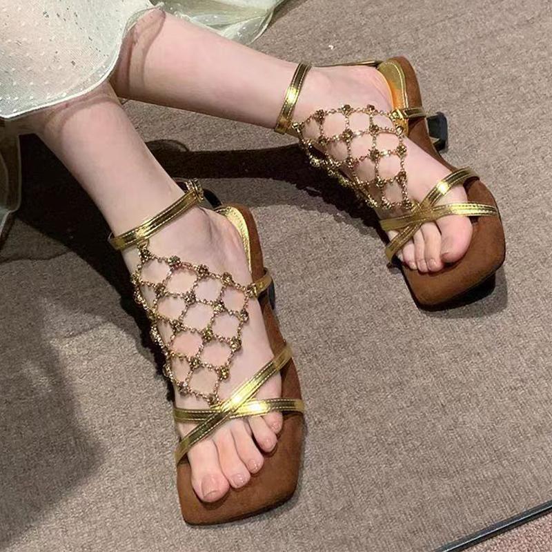 

Дизайнерские женские сандалии на среднем каблуке, элегантная обувь, модное платье, женские шлепанцы 2025, новая летняя марка, для ходьбы, сандалии для женщин 40 золотой