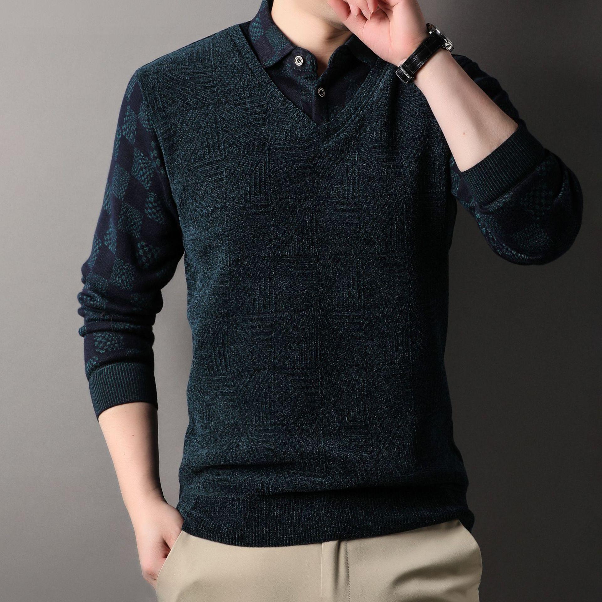 

Зимний мужской бархатный свитер, искусственная теплая футболка в клетку из двух частей, утепленная бархатная футболка для пап среднего и пожилого возраста XXXXL