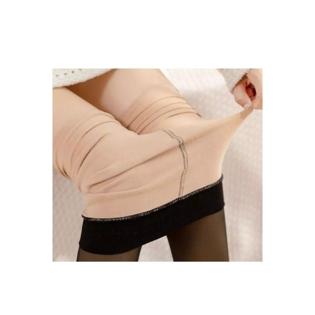 Gewebte schwarze, dünne Strumpfhose in Hautoptik mit Fleece-Innenseite
