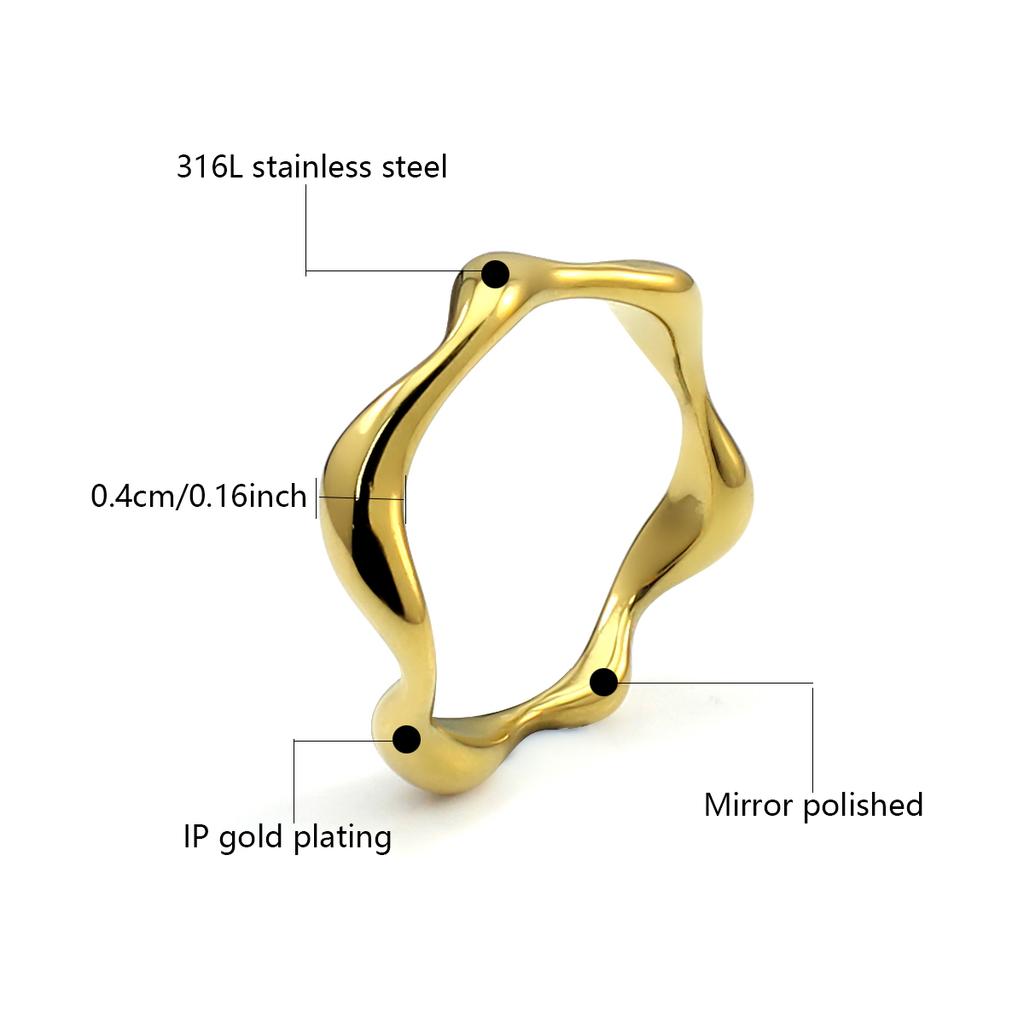 Hot Selling Fashion Design Waterproof 18k Gold Plated Stainless Steel Wave Rings for Women Jewelry