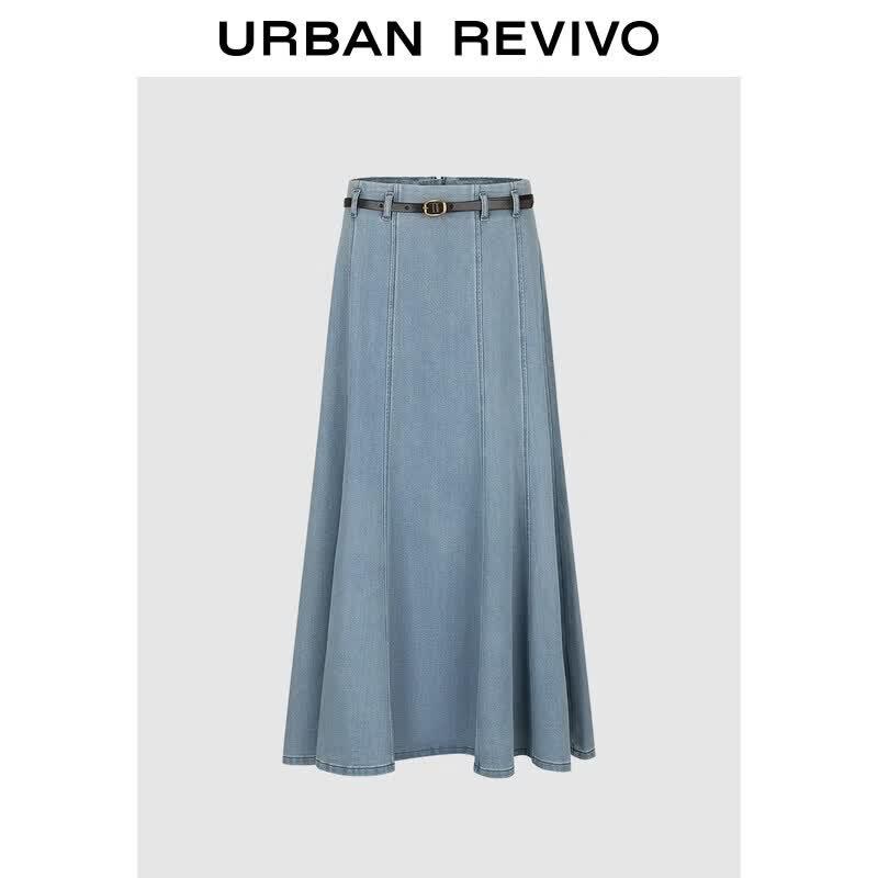 UR2026 Women s Patchwork Denim Midi Skirt with Belt M