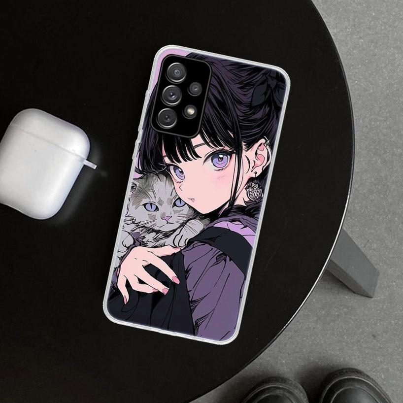 Anime Girls Cute Black Cat Phone Case Cover for Samsung Galaxy A12 A22 A32 A52 A72 A02S A51 A50S A31 A20S A10S Note 20 Ultra 10