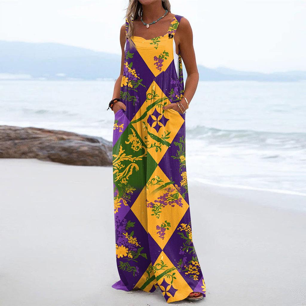 Wide Leg Overalls For Women Casual Loose Sleeveless Print Button Long Pant Romper Jumpsuit With Pockets