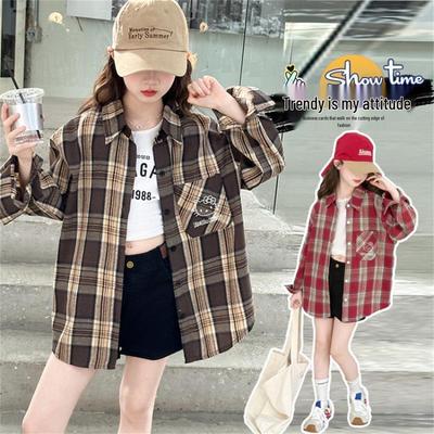 Girls' Plaid Long-Sleeve Shirt Jacket for Autumn 2025 - Fashionable Spring Top for Big Kids