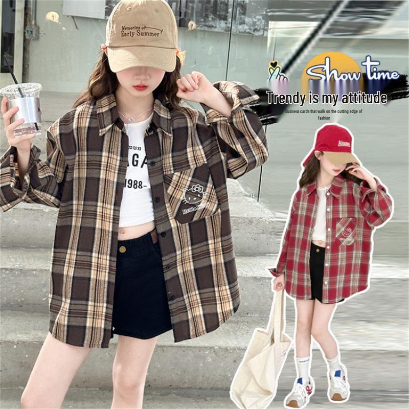 

Девичья клетчатая куртка-рубашка с длинным рукавом на осень 2025 года - модный весенний топ для детей постарше 160cm красный