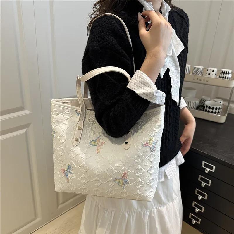 Casual Embroidered Butterfly Shoulder Bags for Women Sweet Ladies Large Capacity Handbags Plaid Portable College Girls Tote Bag