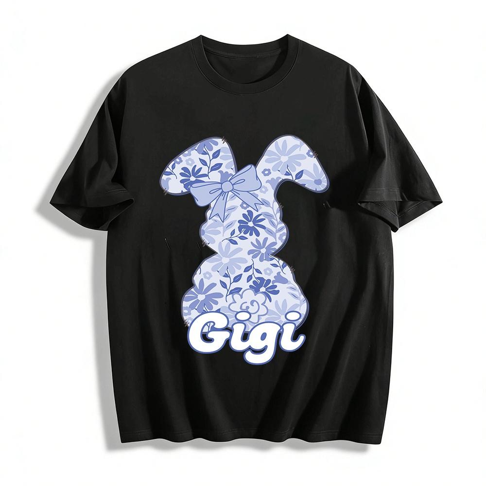 

Vintage Blue Floral Gigi Rabbit Print Casual Top Pure cotton T-shirt XXS