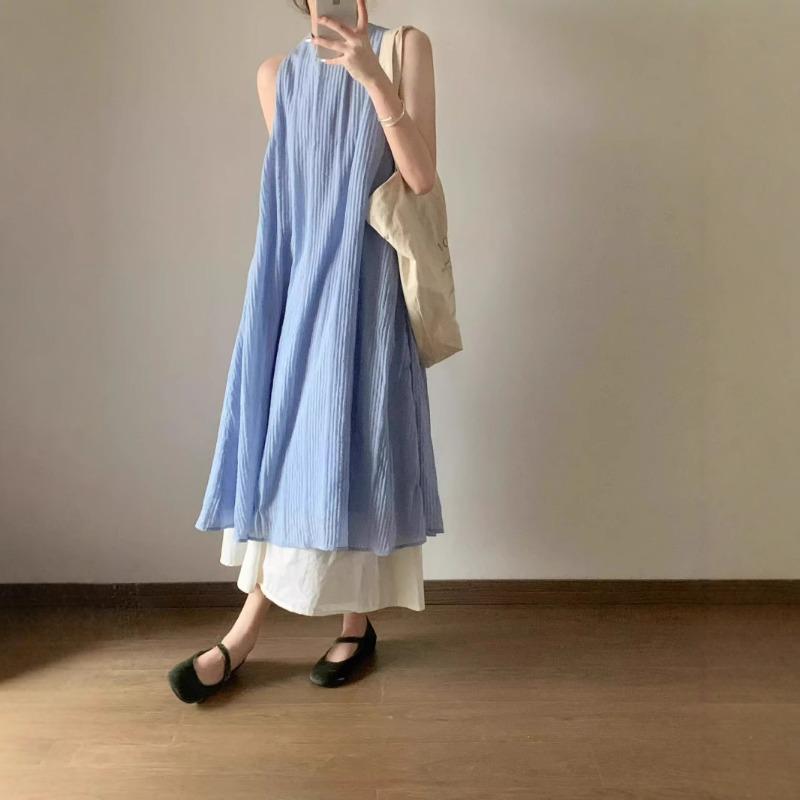 Women's Gentle Temperament Blue Sleeveless Vest Dress Summer Texture Relaxed Casual Dress