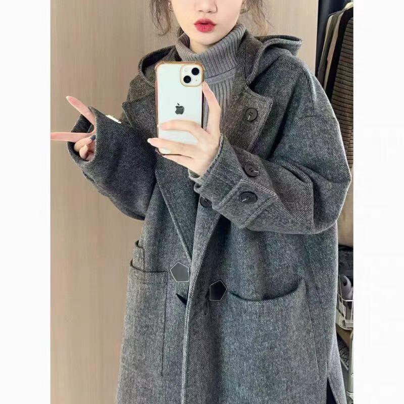 Women's High-End Grey Wool Coat - Petite Hepburn Style for Autumn/Winter