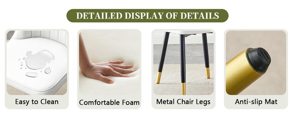 Juego de 2 sillas de comedor modernas blancas con tapicería de respaldo de cuero PU y patas de metal negro, adecuadas para comedor, cocina y dormitorio.