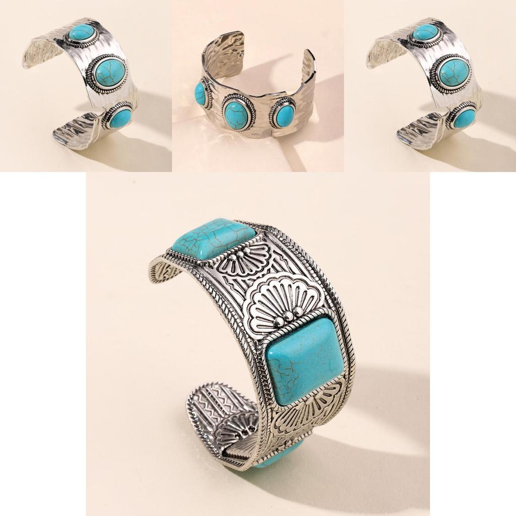 Bohemian Style Alloy Green Turquoise Open Wide Bracelet For Women