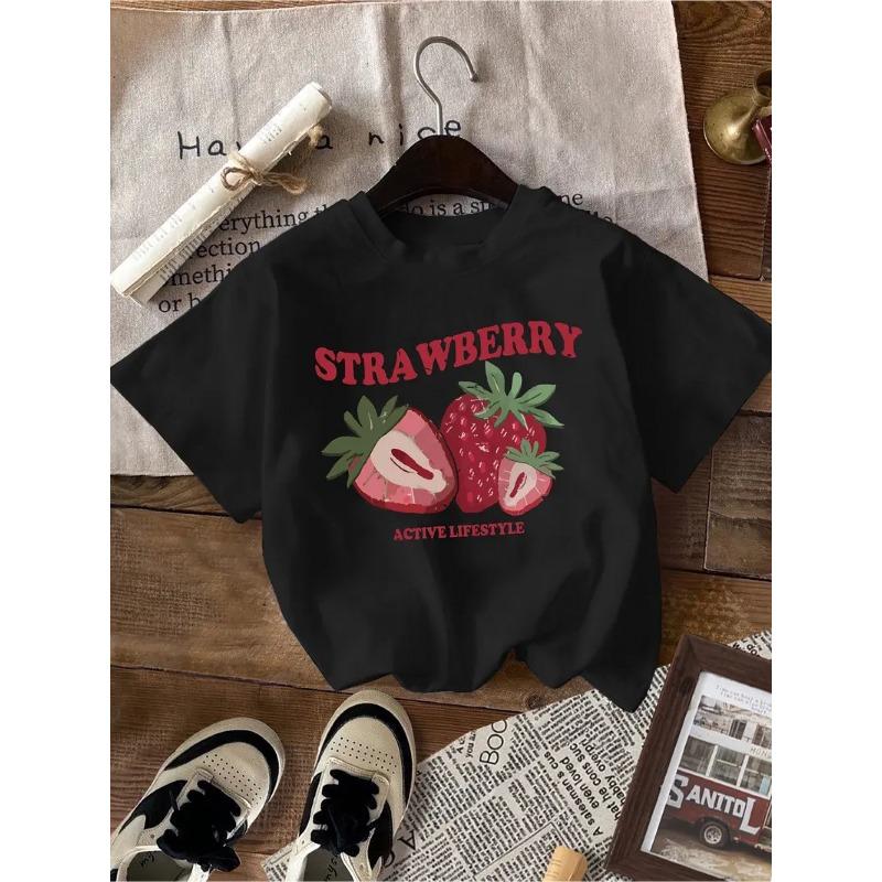 European sizes The Most Popular Strawberry T-shirt! This Girls' Comfortable Round-neck Tee Features a Fresh Print and Cozy Feel