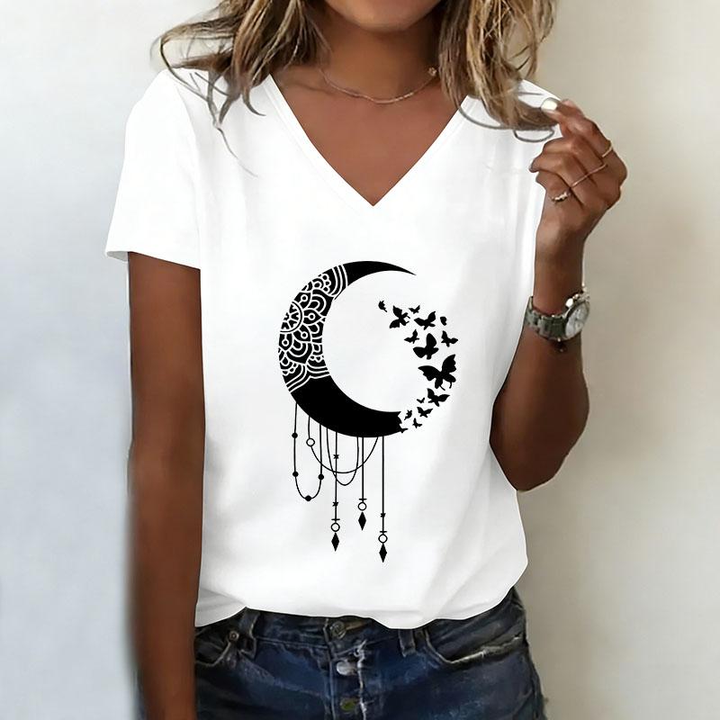 Buuterfly with Star Vintage Printed T-shirt V Neck Casual Fashion T Shirts Women Short Sleeve Tee Shirt V-Neck Summer Spring S