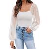 GMXIA Summer Women Fashion See-through Lantern Sleeve Stitching Slim-fit Top Woman