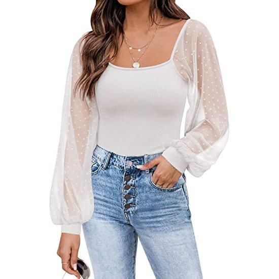 GMXIA Summer Women Fashion See-through Lantern Sleeve Stitching Slim-fit Top Woman