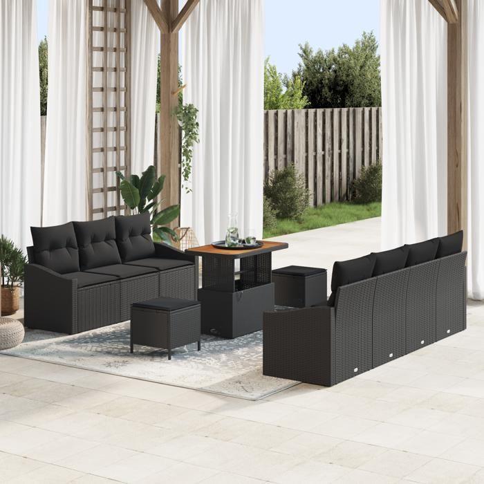 Ensemble de Canapés de Jardin vidaXL 10 pièces avec coussins noir en rotin synthétique acacia, Canapé de jardin 2 places 3364569