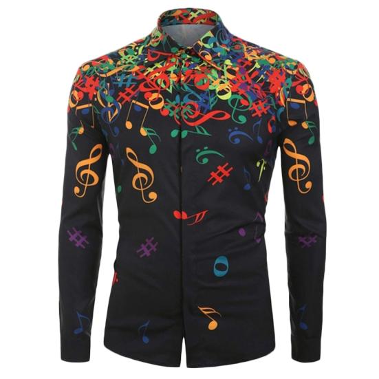 

Мужская осенняя рубашка с длинным рукавом и отложным воротником с принтом музыкальных нот L чёрный
