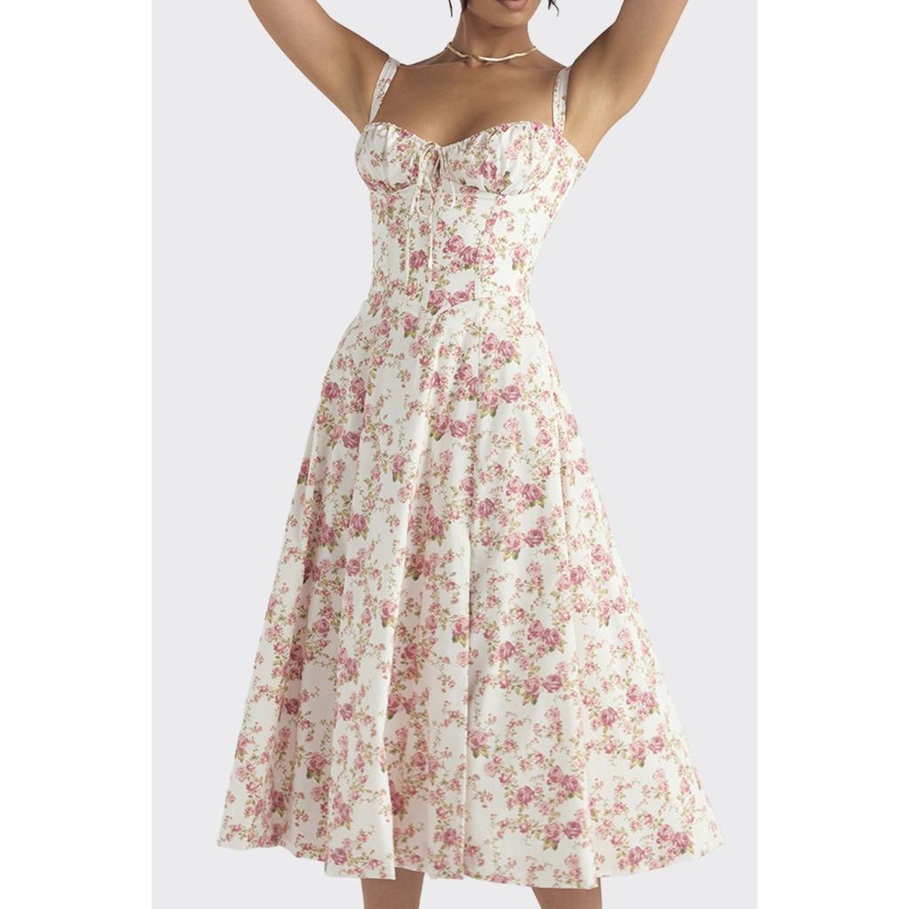 Women's Square Neck Puff Short Sleeve Maxi Dress Slim Fit High Waist Elegant Floral Print Side Slit Dress