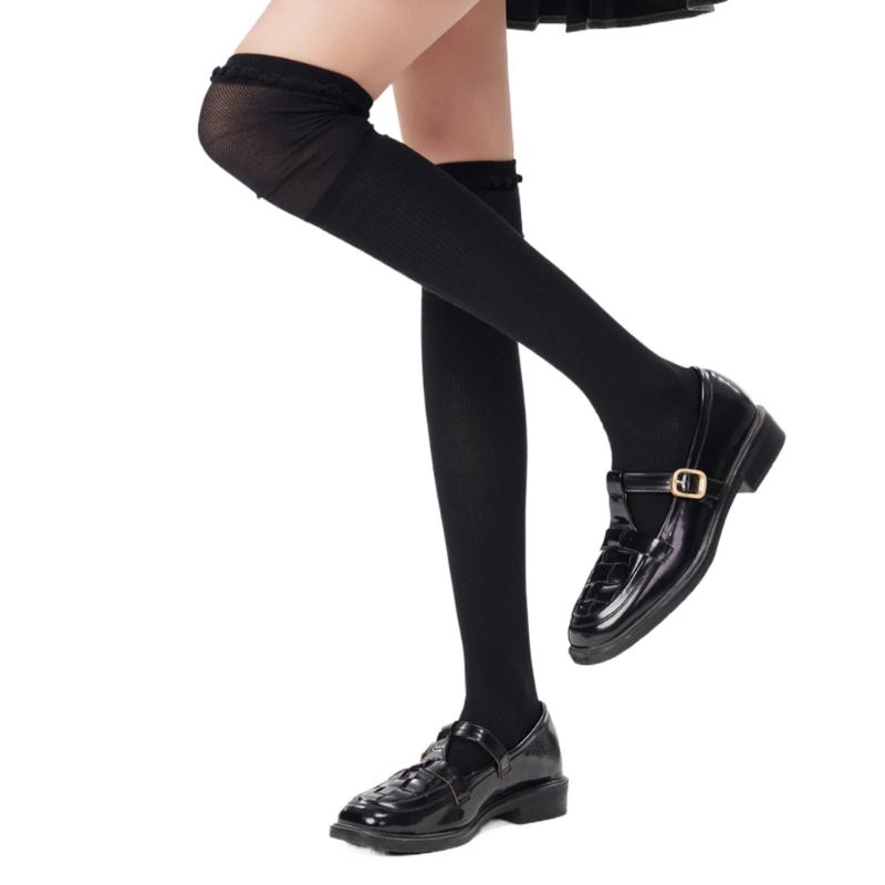 Solid Color Stretch Ruffle Trim Over Knee Long Socks for Women Japanese Student Sheer Mesh Splicing Thigh High Stockings