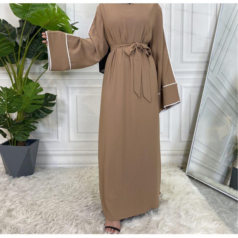 

2022 plus Size Fashion White Edge Solid Color Lace-up Dress Apricot color XL