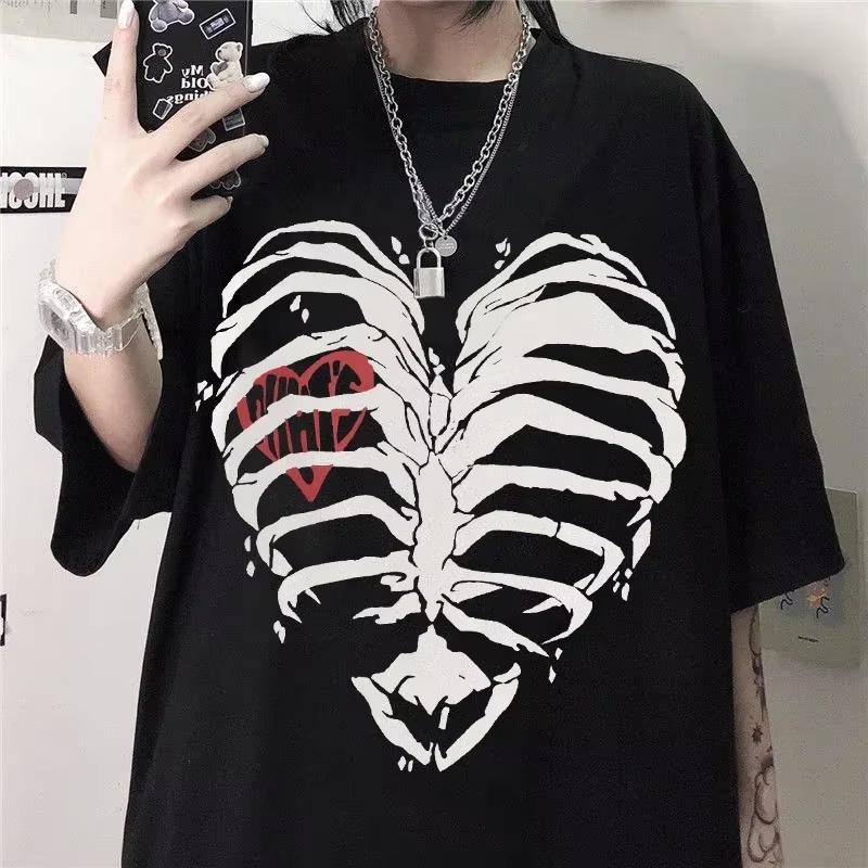 

Womens Tshirt Harajuku Y2K Top Harajuku Retro Korean Style Black Demon Punk Gothic Anime Print Slim Fit Thin TShirt Clothes 4XL