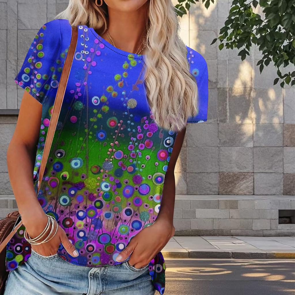 Damski Letni T-shirt z Nadrukiem Bąbelków Retro Moda Krótki Rękaw T-shirty Casualowe Drukowane Top